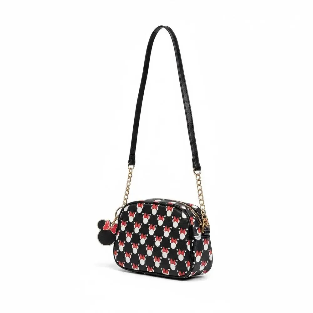 Disney Minnie Mouse Camera Crossbody Bag Black Red Bow Print Chain Strap Purse